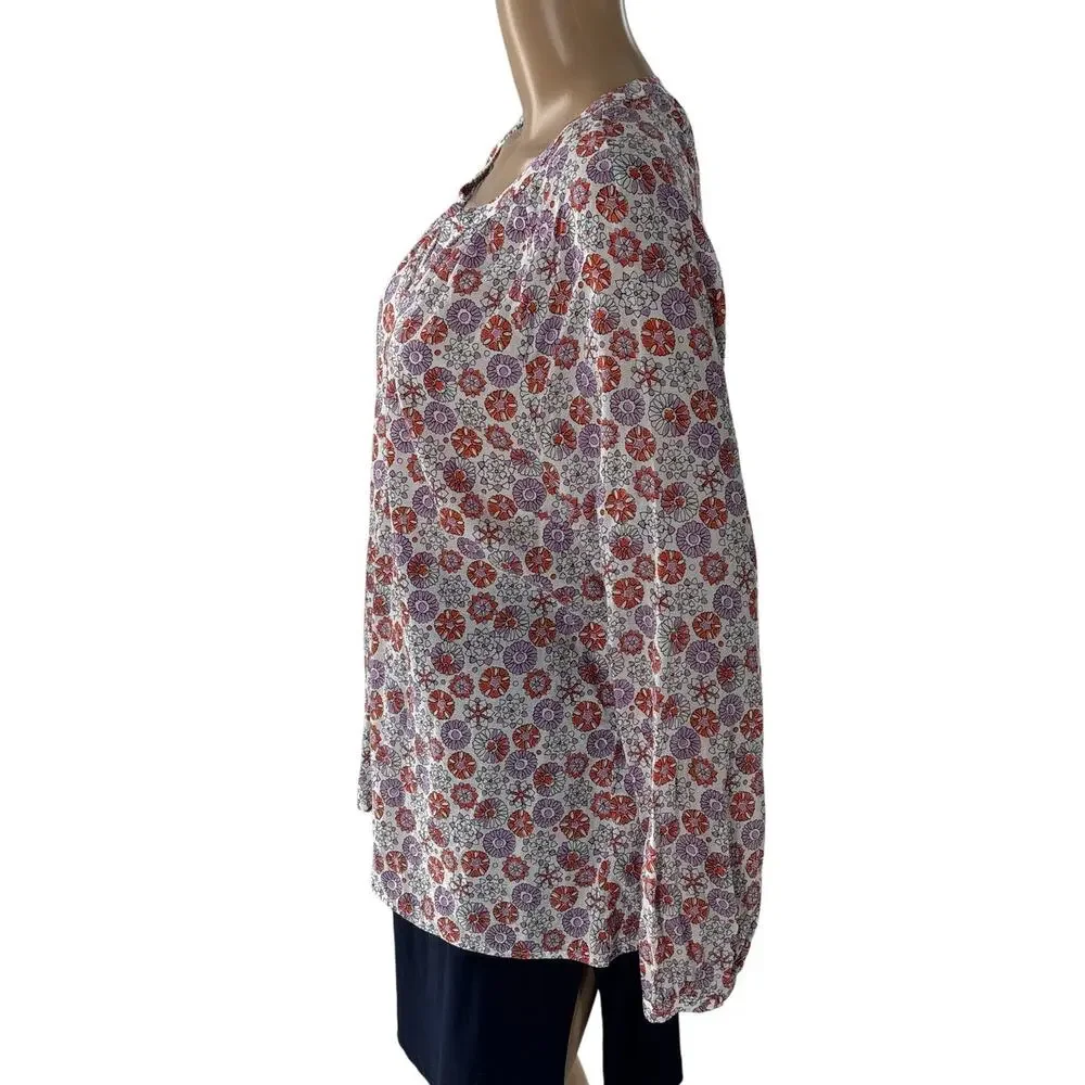 Boden Natural White Patricia Floral Red Purple Popover Long Sleeve Top